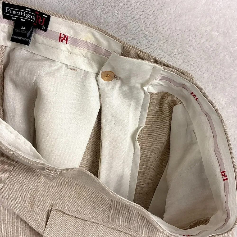 VTG Prestige Pants Men 34 Beige Linen Pleated Cuffed Preppy Summer Classic 90s